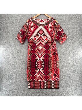 Chicos Dress Womens 1 US Medium Red Geometric Shift Slit Sleeves Beaded Sequin